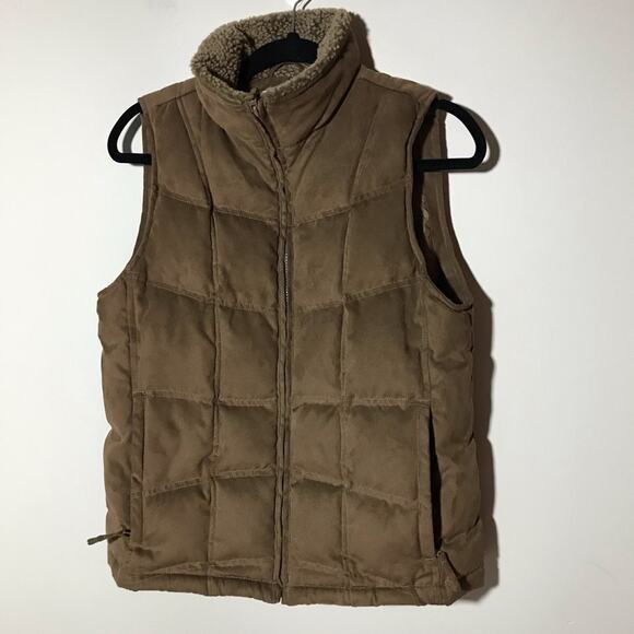 LL Bean M brown goose down Sherpa collar full zip quilted vest puffer - Picture 1 of 6